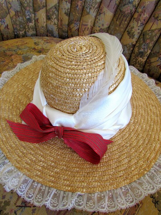 VICTORIAN COSTUME HAT, S, LAVISH w FLOWER, LACE, & SATIN TRIMMINGS, WIDE BRIM main image 4